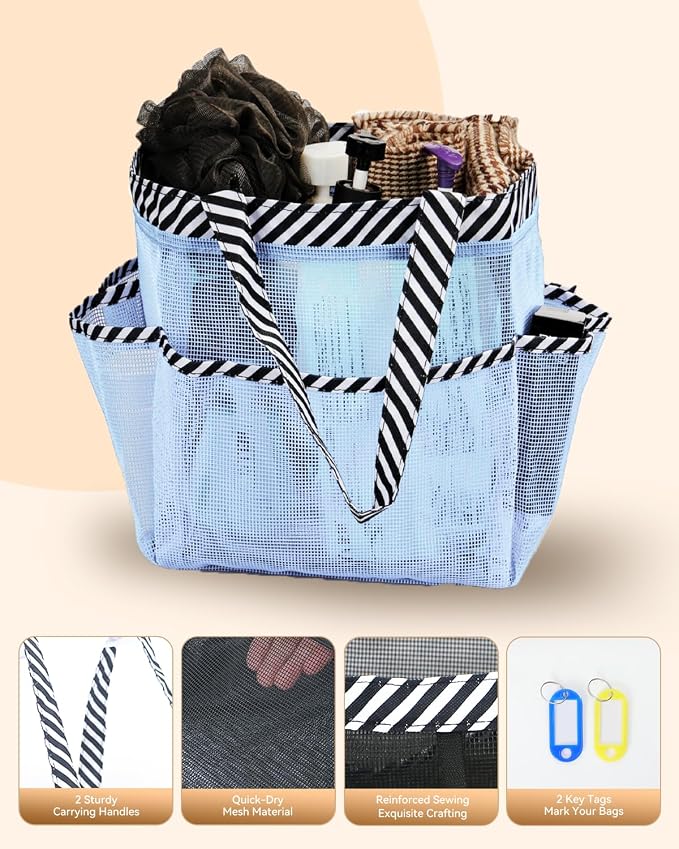 Temede Mesh Shower Caddy Portable for College Dorm Room Essentials | Large Capacity 8-Pocket Shower Tote Bag, Bathroom Organizer with Quick-Dry and Dual Handles for Dorm, Gym, Travel, Camping