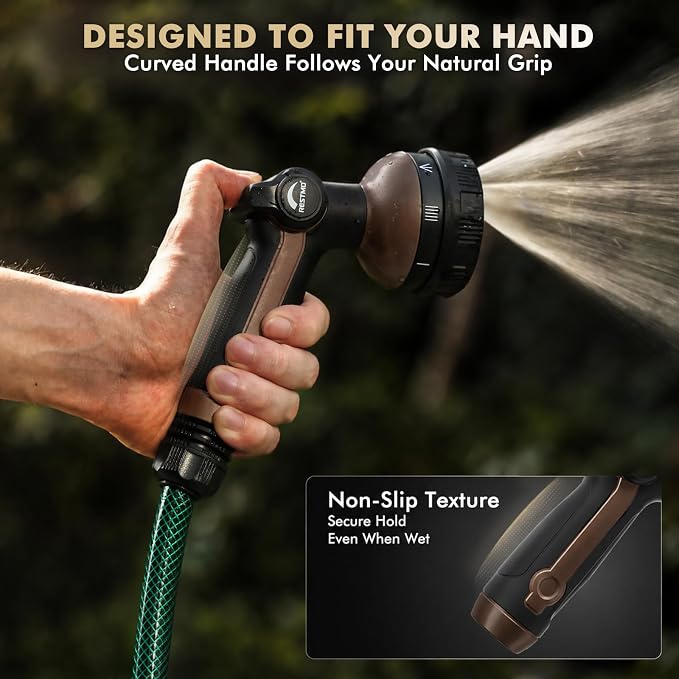 RESTMO Garden Hose Nozzle Heavy Duty, Thumb Control Metal Sprayer Nozzle | Zinc Alloy Body with TPU Coating, 8 Adjustable Spray Patters, Ergonomic Handle, Leak Proof, Idea for Washing & Watering