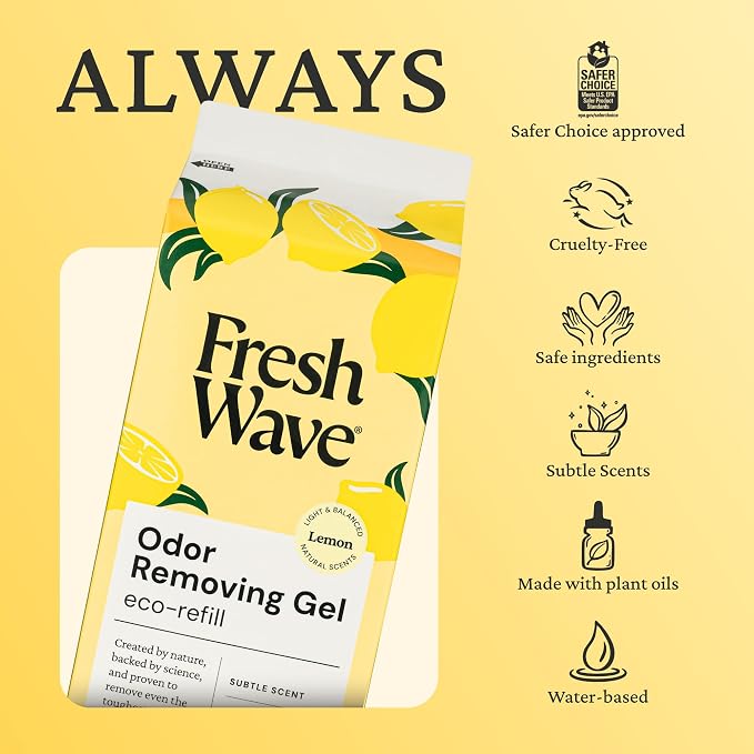 Fresh Wave Odor Removing Gel 4-Pack Glass Jar & 63oz Refill, Lemon | Refills 7oz gel up to 9 times or 15oz up to 4 times. Gel odor eliminator for bathroom, closet, or garage. No plug-in.