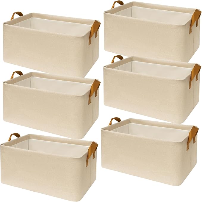 SNWDN 6 Pack Closet Cloth Storage Bins with Handles（ Beige 16.5''L x 11.8''W x 9.8''H）