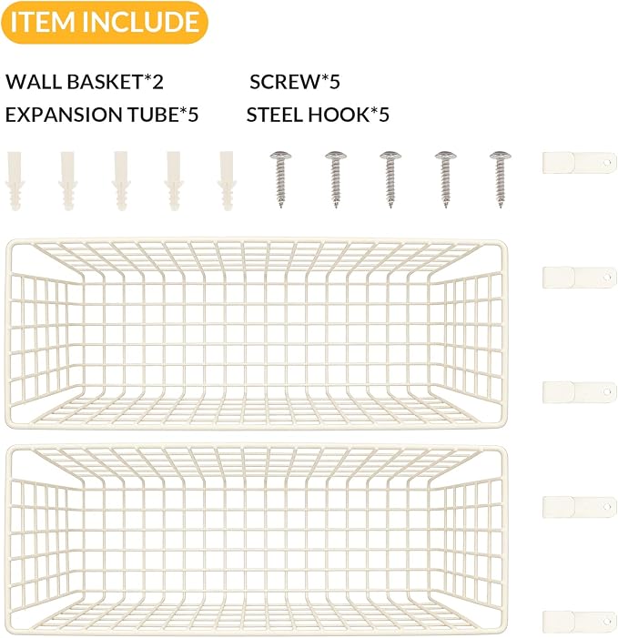 2 Sets White Extra Large Hanging Wall Basket with Steel Hooks | Metal Wire Baskets for Organizing, Wallmounted Fruit Vegetable Toy Snack Storage, Home Kitchen Bathroom Laundry Pantry
