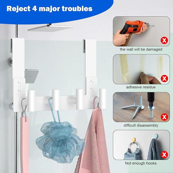 PMMASTO White Extra-Long Shower Door Hanger, 4 T-Hooks, Fits 3/8-Inch Glass | Extra-Long Heavy-Duty Stainless Steel, 4 T-Shaped Hooks, for Bathrobes and Towels on Frameless Glass Shower Doors