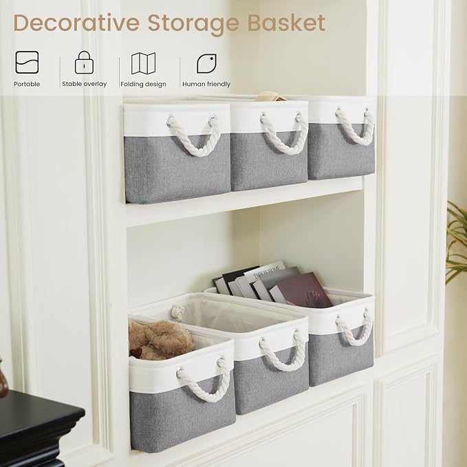 13.8x9.8x6.7 Inch Fabric Small Storage Bins with Handles 6 Pack | Foldable Storage Basket, Sturdy Metal Strand, Cardboard Support Molding, Small Baskets for Organizing, Shelves, White/Gray