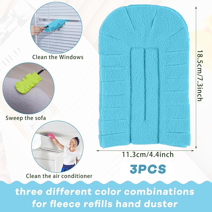 Zubebe 3 Pcs Reusable Duster Refills Fleece,Blue, Green, Gray | Soft Polyester Fiber Flat Duster Refill Multi Surface Washable Cleaning Pad Tools for Home, Blinds, Car, Pet, Furniture, Fans