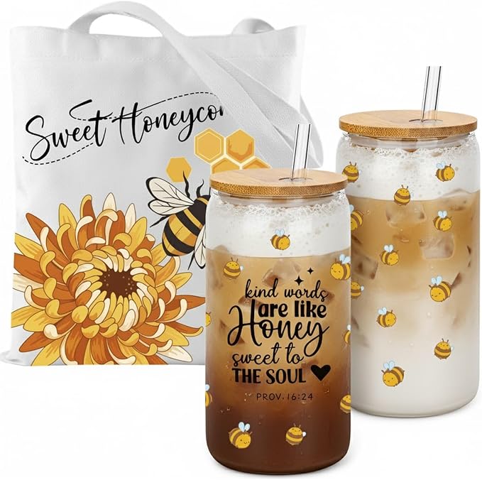 Bee 16 Oz Glass Tumbler, Bamboo Lid, Straw and Canvas Tote Set | Bee-Themed Glass Tumbler With Bamboo Lid, Straw and Matching Canvas Tote for Coffee, Iced Drinks and Thoughtful Gifts