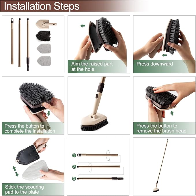 Eyliden Tub & Tile Scrubber Kit with Long Handle, 2 Different Cleaner Brush | Heavy-Duty Stiff Bristle and 2 Non-Scratch Scrub Pads, for Grout Bath Glass Kitchen Floor Shower Boat Deck RV Wash Cleaning