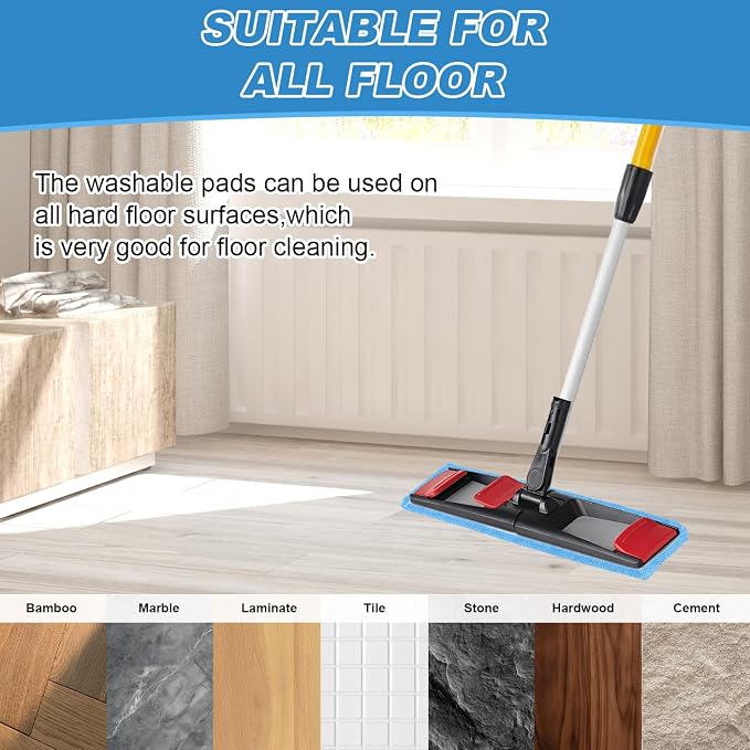 Replacement Flat Mop Pads Fit for Rubbermaid Commercial 18 Inch Adaptable Mops - 6 Pack Wet & Dry Microfiber Professional Cleaners Reusable Refills for Light-Duty Floor Cleaning- Blue