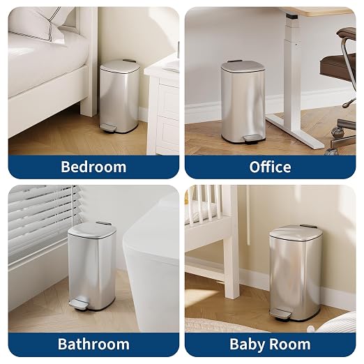 Garvee Bathroom Trash Can with Lid, 2.4 Gallon Slim Garbage Can, Silver | Step Pedal, Soft-close Lid, Rear Handle, Removable Plastic Inner Liner with Trash Bag Retainer Ring, for Kitchen, Bathroom