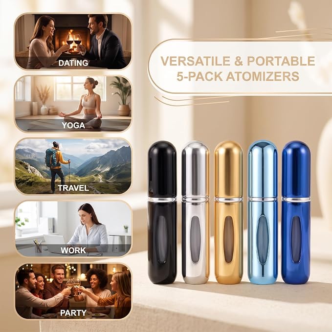 Travel Refillable Perfume Atomizer Bottles,5ml Mini Portable Spray Bottles for Travel Accessories,Multicolor Perfume Containers (5, 5 colors)