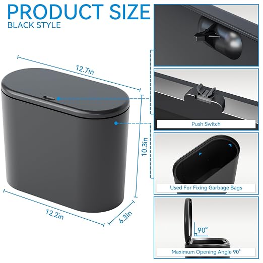 3.17 Gallon Thin Small Black Bathroom Trash Can with Lid,12L Small Pet/Dog Proof Slim Trashcan and Skinny Covered Trash Can,Plastic Covered Wastebasket,Garbage Can for Kitchen,Office,RV,Bedroom,2 Pack