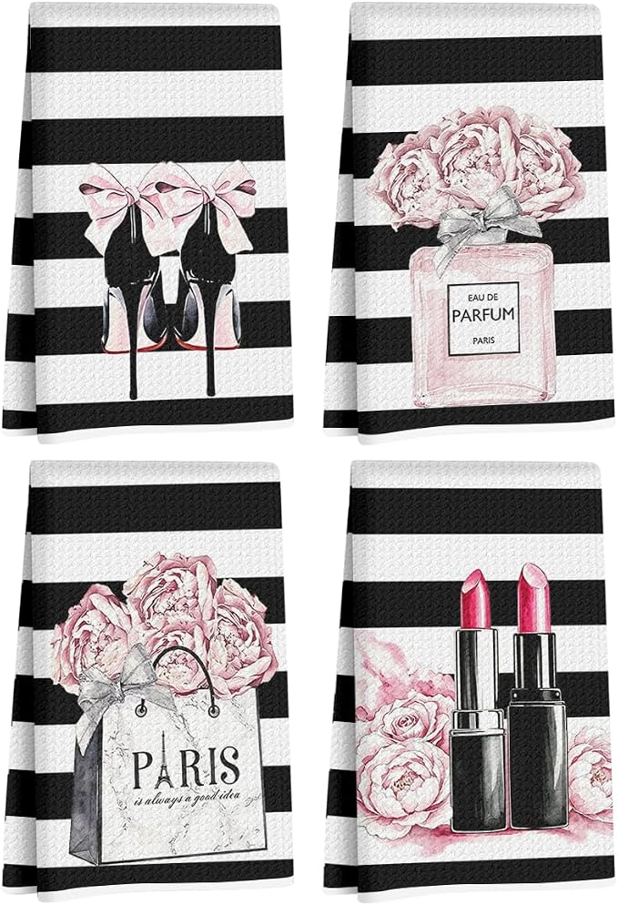 4 Pcs Black White Fashion Hand Towels, Perfume Bow Reusable Dish Towels | Fashion Gifts for Women Mom Girls Friend, Waffle Weave Microfiber Towels for Bathroom Home Decor 24x14 Inch