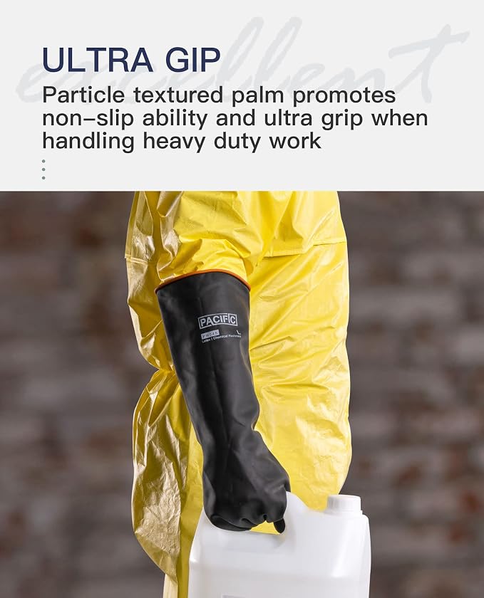 PACIFIC PPE 18 Inch Latex Chemical Resistant Gloves, Waterproof, Heavy Duty | Resists acid, alkali and oil, waterproof, reusable, puncture resistant grip for industrial cleaning and chemical handling