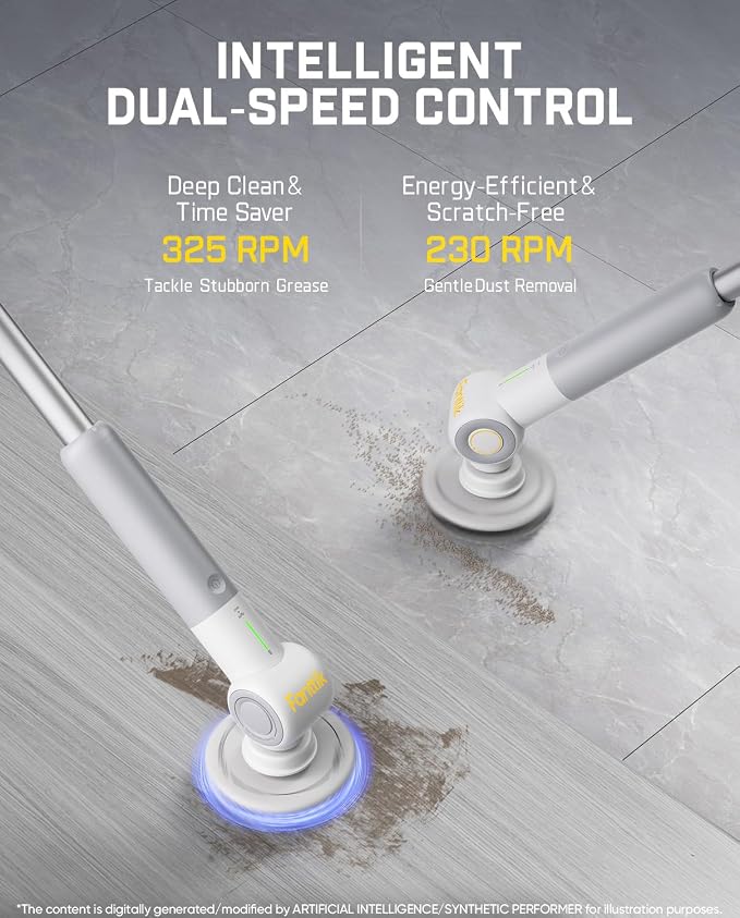 Fanttik Flip G9 Pro Electric Scrubber, VoltiPulse Motor, for Bathroom | Dual-Speed Cleaner with 6 Brush Heads, Adjustable Angle & Extendable Handle, IPX7 Waterproof, Type-C Charge, White