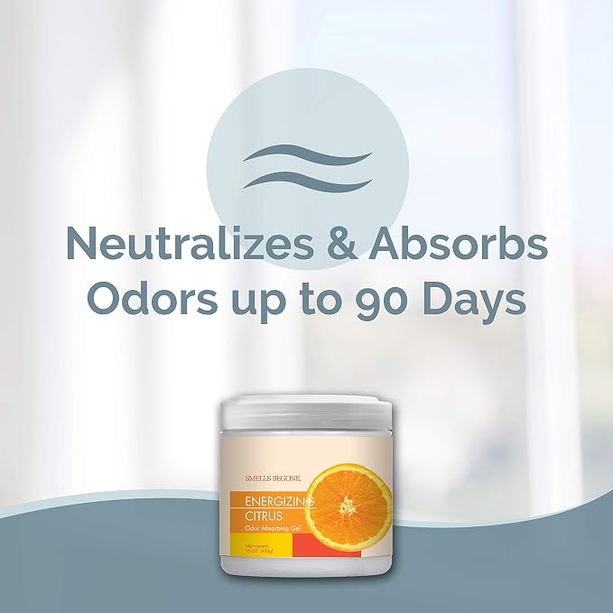 SMELLS BEGONE Air Freshener Odor Absorber Gel - 15 oz, Pack of 2 - Absorbs and Eliminates Odor in Pet Areas, Bathrooms, Cars, & Boats - Made with Essential Oils - Energizing Citrus Scent