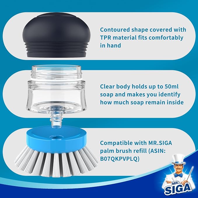 MR.SIGA Soap Dispensing Palm Brush, 1 Pack, Navy/Blue | Dish brush with soap dispenser, palm scrubber, palm scrub brush, ideal for kitchen and dishes cleaning