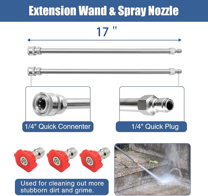 JANZ 18'' Pressure Washer Surface Cleaner | 4 Wheels, Stainless Steel Housing, 1/4'' Quick Plug, 2 Extension Wands, 2 Replacement Nozzles and 3 Spray Nozzles,4000 PSI