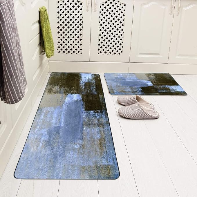 TOMWISH Blue Kitchen Rugs Blue and Brown Abstract Art Painting Kitchen Décor