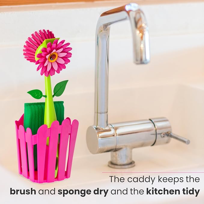 Vigar Flower Power Kitchen Sink Caddy Organizer, Pink | Dish Sponge Holder, Suction Cup and Sponge for Kitchen Sink, Decorative Kitchen Sink Accessories, Countertop Storage Set