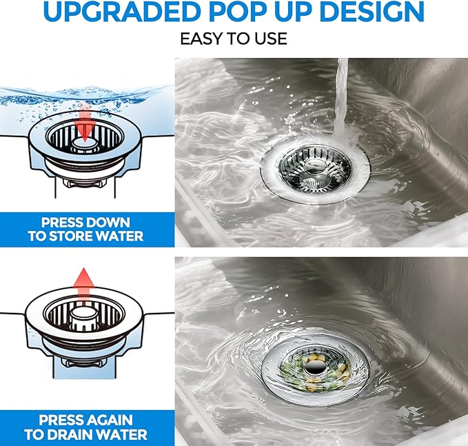 zaa 3 in 1 Kitchen Sink Drain Strainer Stopper Removable Basket Pop-Up | Kitchen Sink Accessories 1 Pack Brushed Silver Stainless - Food Catcher, Odor-Blocking Seal, Fits 3.5" Drain