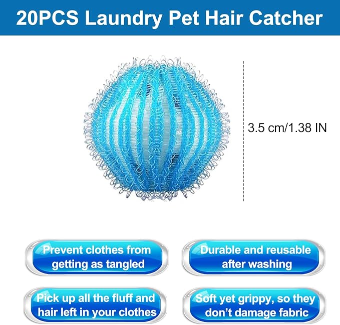 20Pcs Pet Hair Remover for Laundry, 1.4 inch Mini Ball Lint Traps | Effective Dryer Ball for Cat Dog Pet Hair in Clothes,Sheets,Towels, Lint Catcher for washing Machine Without Damaging Fabrics