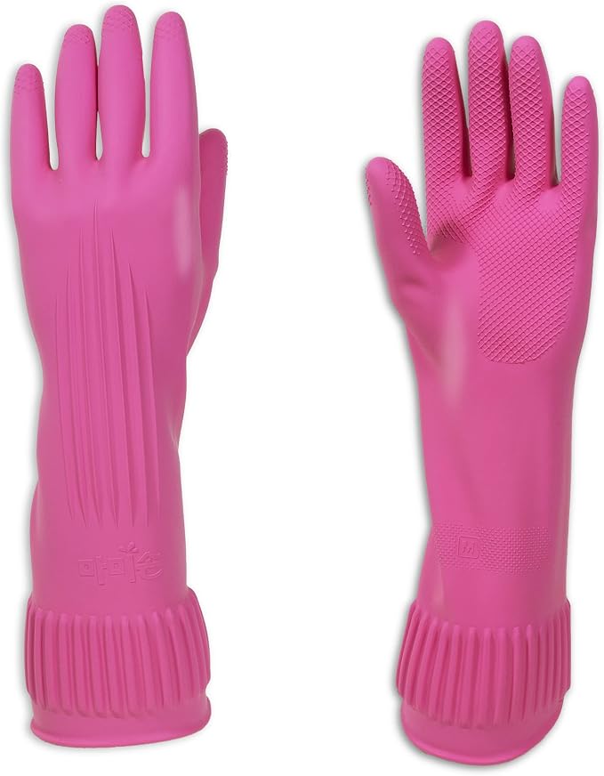 Kitchenware Mamison Quality Rubber Gloves Pink Size M, Waterproof Rubber Gloves 1 Pairs, Korean Home and Improvement Brand