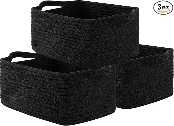 OIAHOMY 3 Pack Storage Baskets for Shelves Cotton Rope Storage Bins Black | Woven Baskets for Storage Nursery Storage Basket with Handles Baskets for Organizing Small Baskets Gift Baskets Empty