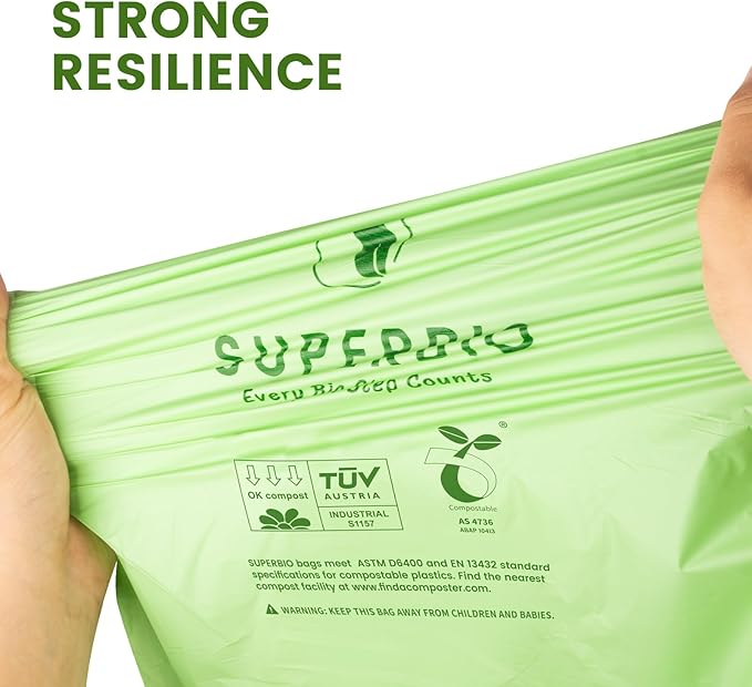 SUPERBIO 13 Gallon Compostable Drawstring Kitchen Waste Bag, 30 Count | 49.2 Liter, 1 Mil, Heavy Duty Food Scrap Bags, BPI, Seedling and OK compost INDUSTRIAL