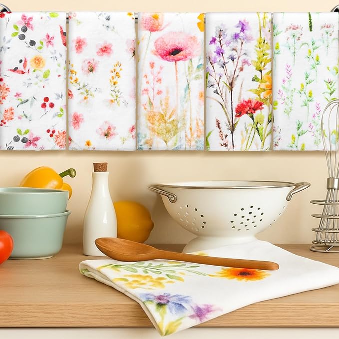 Reusable Kitchen Cloths Cotton Towel, 6 Pack, Wildflowers | Washable 9.84x11.81in, Paperless Towel Rolls Bulk, Cleaning Cloth Napkins for Dishes