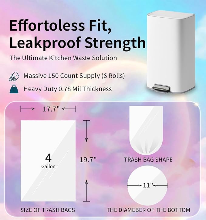 Small Trash Bags 4 Gallon, 0.86 Mil, Unscented, Purple, 150 Count | 15 Liter Garbage Bag, Plastic Waste Basket Can Liners, Durable, Leakproof, Tear Resistant, for Bathroom Office Car Bulk