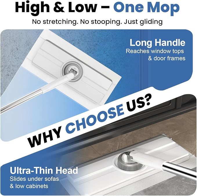 13" Wide Flat Mop with Snap-Grip Cloth Lock, Disposable Clamp Mop | Sweeper & Mop Kit with Dry and Wet Multi-Surface Floor Cleaner, Includes 2 Reusable Cloths, Ideal for Hardwood, Tile Floor