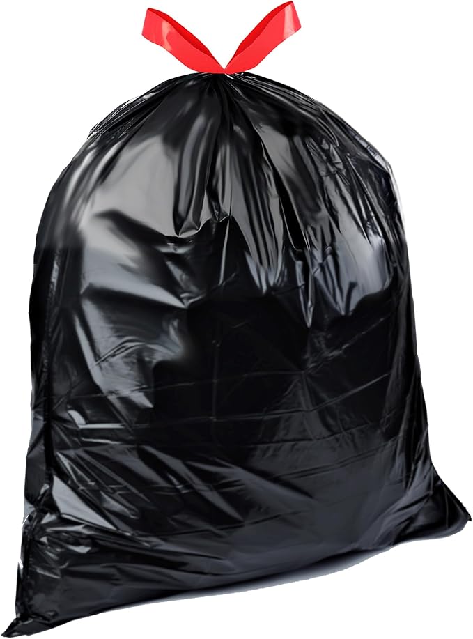 Amazon Basics 30 Gallon Multipurpose Drawstring Trash Bags, 20% Post Consumer Recycled, Black with Red Drawstring, 50 Count