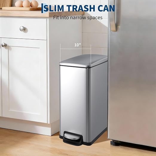 12 Gallon/45L Stainless Steel Step Trash Can, Soft Close Pedal Garbage Bin with Detachable Inner Bucket,Fingerprint Resistant,Dual-Use Waste & Recycling Container for Home Kitchen, Bathroom and Office