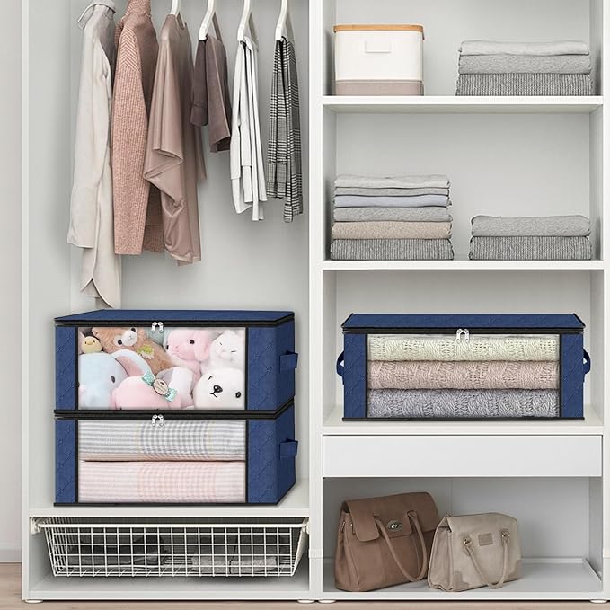 HomeHacks 4-Pack Clothes Organizer Storage Bags, 35L Storage Bins, Blue | Foldable Storage Box Container with Zippers, Clear Window, Reinforced Handles for Closet, Dorm, Pillows, Bedding, Sweater