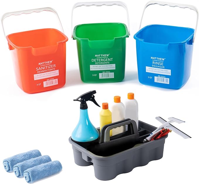 Matthew Red&Green&Blue Detergent and Sanitizing 3 Quart Cleaning Bucket &Large Plastic Tote Tool Combo,Wash Rinse Sanitize Handwash Bucket,Deluxe Supply Cleaning Caddy Incl.3Pcs Microfiber Cloths