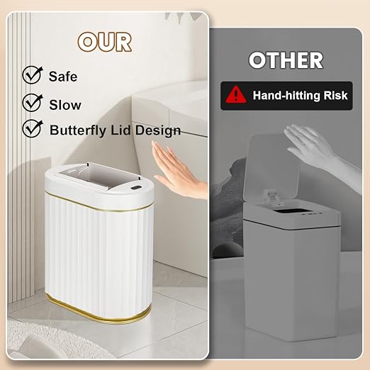 ELPHECO Motion Sensor Bathroom Trash Can with Lid 2 Gal Automatic Trash Can | Butterfly Lid, Room Decor Bathroom Accessories, Motion Sensor Wastebasket Garbage Can, Kitchen Living Room Office, White Gold