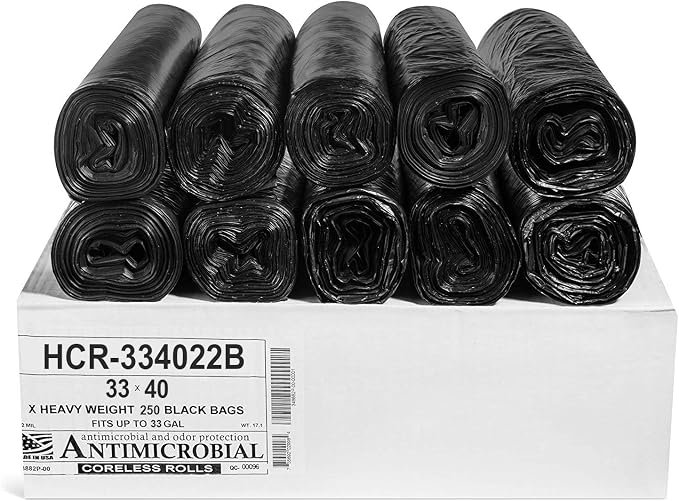 Aluf Plastics 33 Gal Black Trash Bags, 22 Micron (EQ.), 33" x 40" (250 Pk)