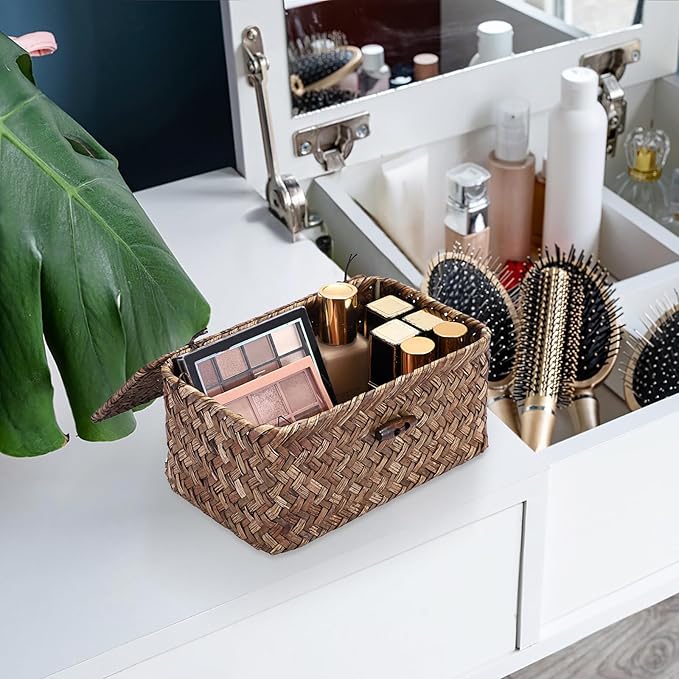 Hipiwe Handwoven Wicker Basket with Lid Small Desktop Seagrass Organizer | Decorative Basekt Boxes Bin for Remote Control Keys Candy, Coffee Color 7.0"L x 4.3"W x 3.3"H