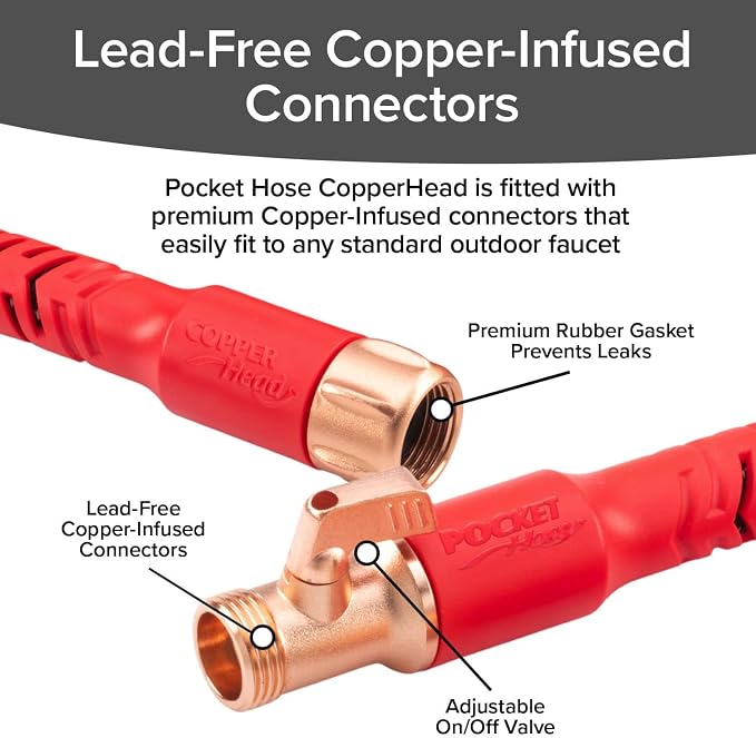Pocket Hose 25 FT Copper Head Hose, Pocket Pivot, No Tangles, Anti-Burst | Anti-burst sleeve reinforced with bulletproof fiber, 360° swiveling pocket pivot connector, lightweight compact design