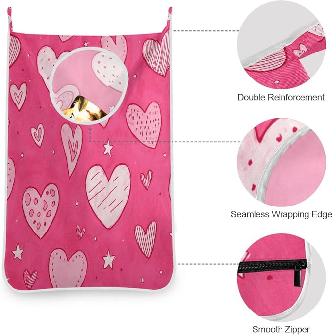 Hot Pink Hearts Stars Hanging Laundry Hamper Door Hampers Bag Basket with Stainless Steel Hooks Oxford Fabric Printing Decorative Clothes Bags 29.5X20inch 1Pack