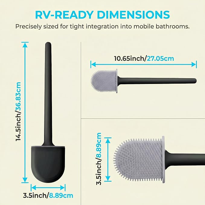 RV Silicone Toilet Brush with Holder, Drill-Free Wall Mounted Toilet Bowl Cleaner, Anti-Drip Anti-Roll Compact Brush for RV Camper & Small Bathroom (Black)