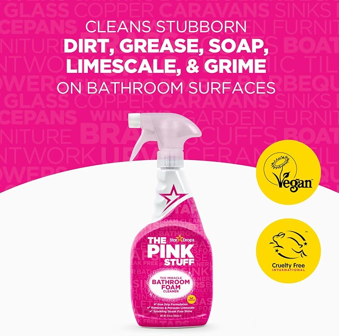 Stardrops - The Pink Stuff Cleaning Kit – Cleaning Paste, Bathroom Foam Spray, Toilet Foaming Powder, SQeeZY Sponge & 3 Microfiber Cloths – Tough on Stains, Grease & Soap Scum