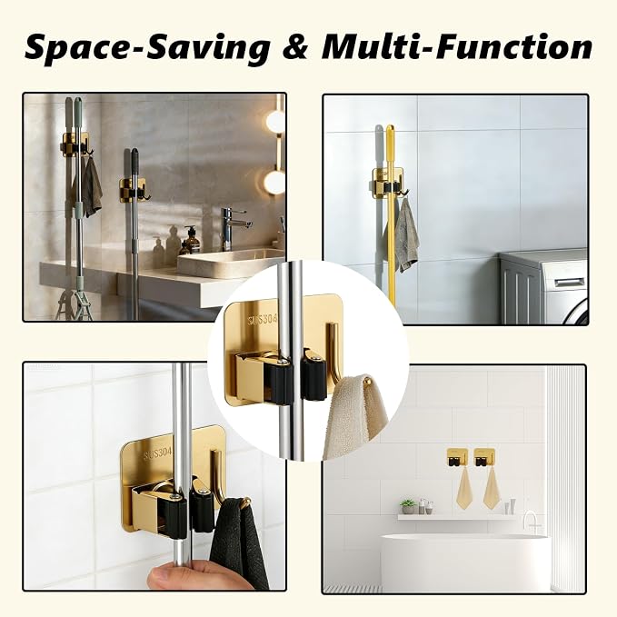 Mop and Broom Organizer Wall Hanging No Drill,Metal Utility Tool Hangers Wall Mountable,Garage Closet Organizer Heavy,Storage Rack Self Adhesive 2Pcs for Bathroom, Kitchen, Office,Laundry.Gold