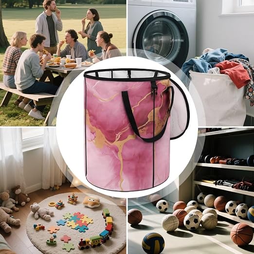 BIGCARJOB Collapsible Trash Can Pop Up Camper Trash Can with Lid, 22.83x17.71, Water Proof Bag Outdoor Garbage Bin Storage Accessories, Purple Marble Print