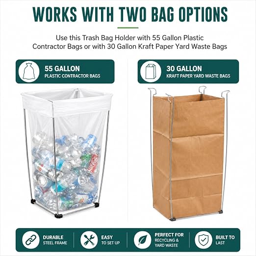 Bag Buddy Bag Holder | 55 Gal Contractor Bags or 30 Gal Kraft Yard Bags | 8 PACK | Temporary Trash Can Or Trash Bag Holder | Ideal for Yard Work, Site Cleanup, Parties & Events