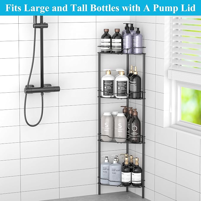 HuggieGems Metal Floor Standing Corner Shower Caddy, Matt Black, 4 Tier | Adhesive Bathroom Organizer Shelves, Free Standing Shower Rack with Hooks, Hold Large Shampoo Bottles