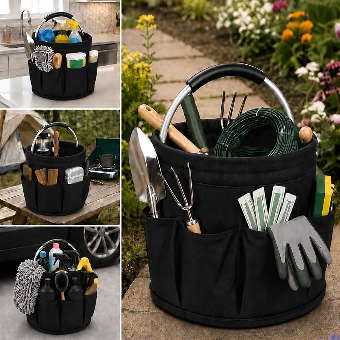 Garden Tool Organizer Tote with Non-Slip Handle – 4.5-Gallon Water-Resistant Bucket Bag with 6 Side Pockets, Portable Gardening and Outdoor Utility Bag for Yard Work, Garage, Beach & Camping (Black)