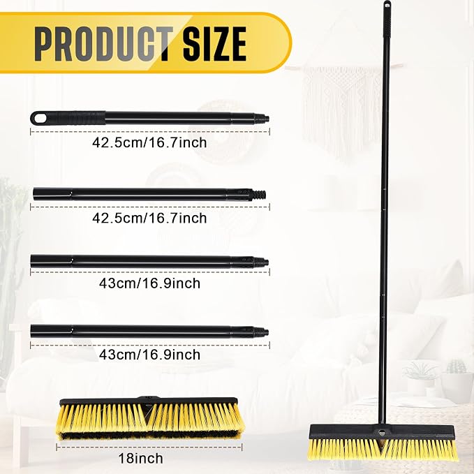 Zhehao 6 Pack 18 Inches Push Broom Outdoor, Multi Surface Garden Brush Broom with Adjustable 63" Long Handle for Deck, Driveway, Patio, Warehouse, Garage, Yard, Concrete Floor Cleaning (Yellow)