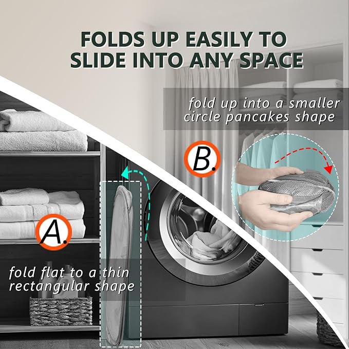 Collapsible Laundry Hamper Basket,Pop Up Mesh Foldable Bag for Laundry Room | folding horizontal laundry durable baskets with handles & side pocket travel for bathroom,Kids room,college dorm(Double Grey)