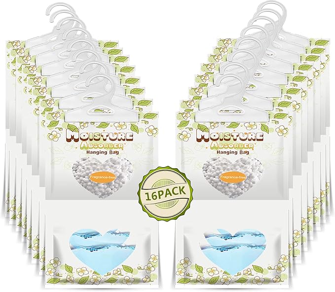 ZSPENG 16 Pack Moisture Absorber Hanging Bags,220g/Pack Fagrance Free Moisture Bag,Hanging Closet Dehumidifier Bags for Basement Closet Storeroom