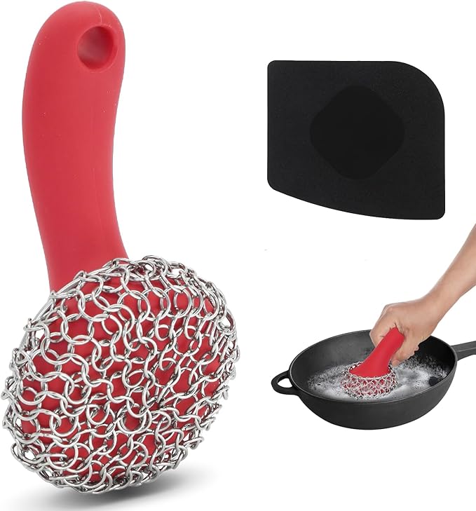 Cast Iron Scrubber with Long Handle Dish Scouring Pad Chainmail Cleaner | 316 Cast Iron Scrubber for Pan Skillet, Dishwasher Safe Cleaning Kit (Red, 1 Scrubber + 1 Scraper)